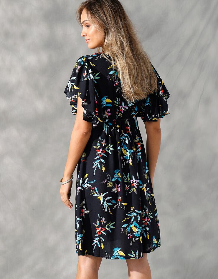 Robe courte manches "papillon", imprimé floral (noir / turquoise)