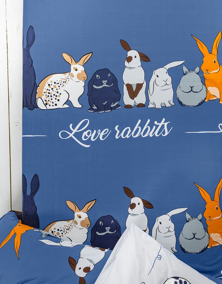 Linge de lit Rabbit en coton imprimé lapins (bleu)