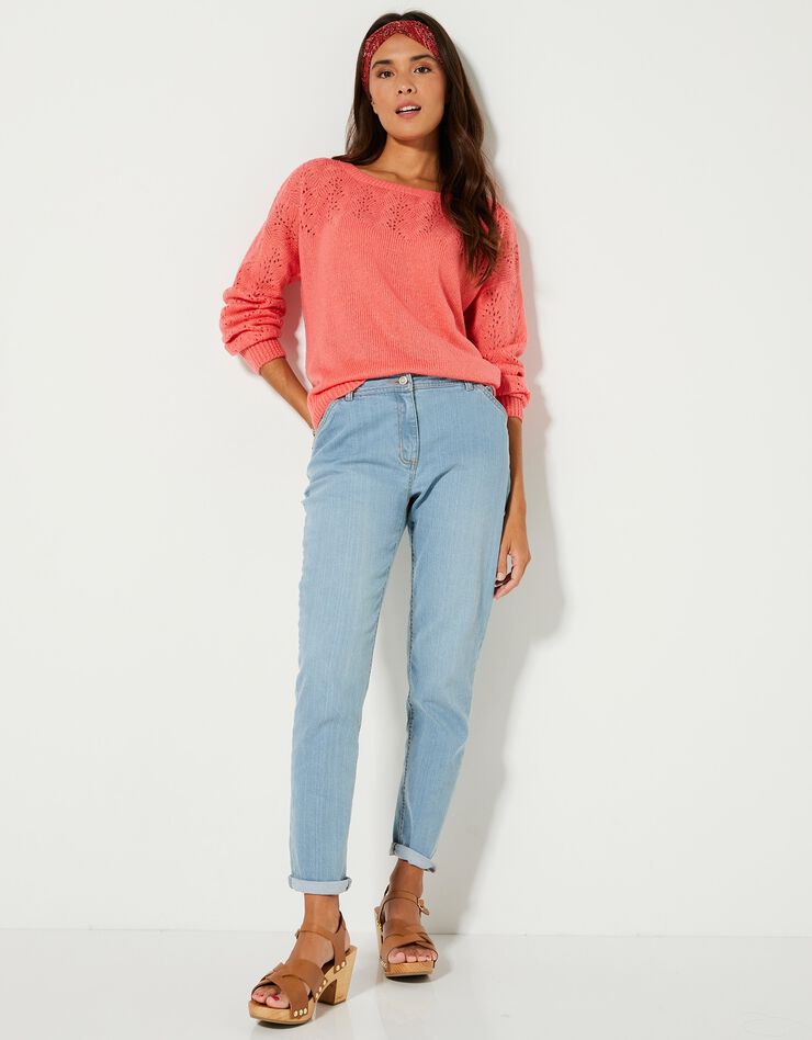 Pull manches longues blousantes, maille ajourée toucher mohair (corail) Pull manches longues blousantes, maille ajourée toucher mohair (corail)