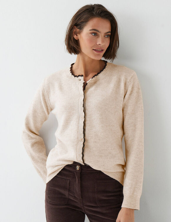 Cardigan &agrave; bords festonn&eacute;s contrast&eacute;s, enrichi en laine (beige / chocolat)