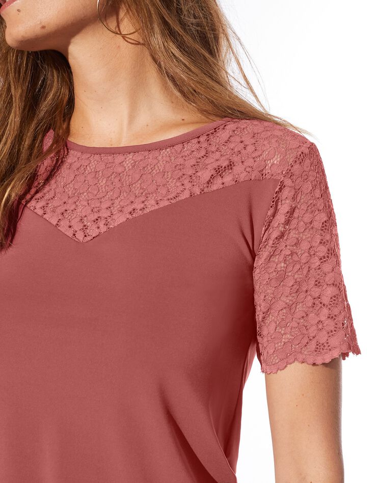 Tee-shirt dentelle col rond manches courtes uni (tomette) Tee-shirt dentelle col rond manches courtes uni (tomette)