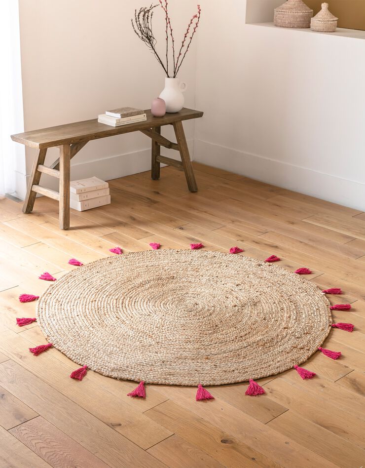 Tapis rond en jute avec pompons de couleur (framboise)