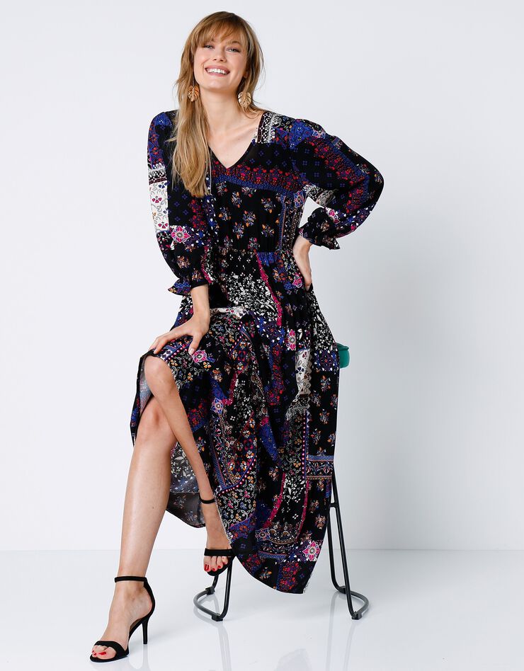 Robe longue patchwork (noir / violine) Robe longue patchwork (noir / violine)