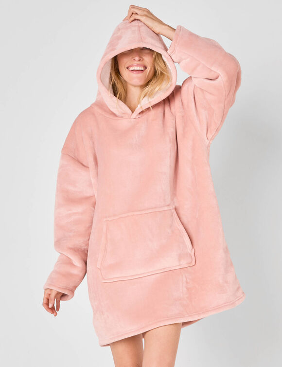 Plaid-sweat polaire à capuche doublé sherpa (rose)