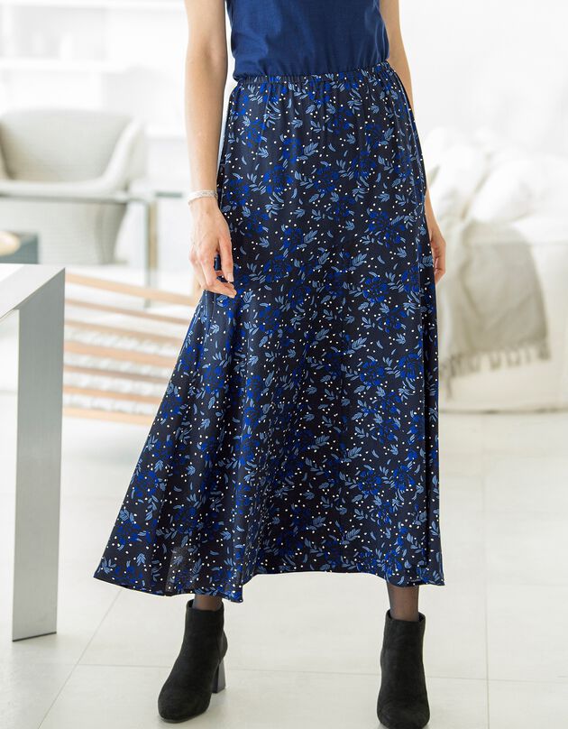 Jupe longue crêpe fluide imprimé (noir / bleu)