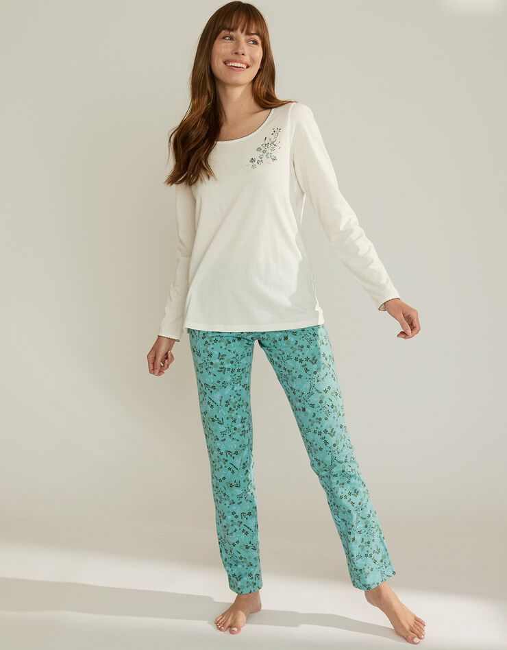 Tee-shirt de pyjama manches longues imprimé placé fleurs (écru)