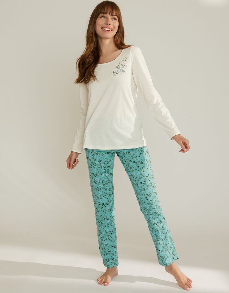 Tee-shirt de pyjama manches longues imprimé placé fleurs (écru) Tee-shirt de pyjama manches longues imprimé placé fleurs (écru)