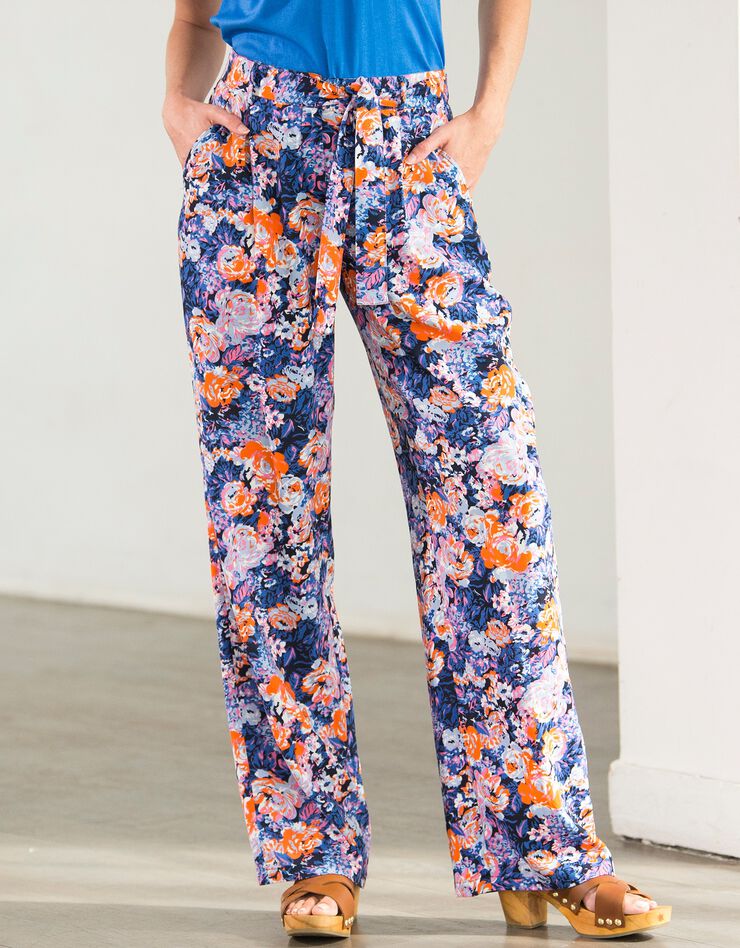 Pantalon large fluide imprimé grosses fleurs (marine / orange) Pantalon large fluide imprimé grosses fleurs (marine / orange)