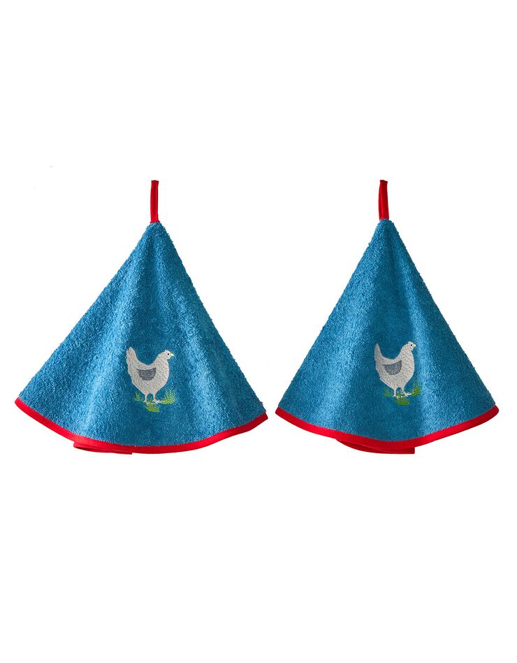 Torchons rond éponge brodée poule - lot de 2 (bleu) Torchons rond éponge brodée poule - lot de 2 (bleu)