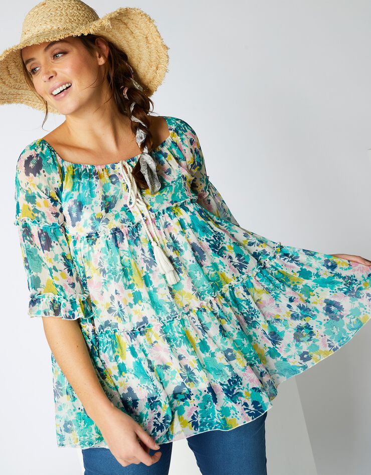 Blouse volantée imprimée, voile (écru / vert) Blouse volantée imprimée, voile (écru / vert)