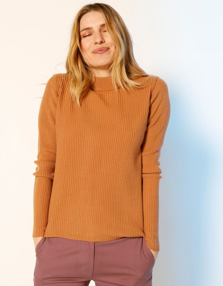 Pull col montant court, maille côtelée (caramel) Pull col montant court, maille côtelée (caramel)