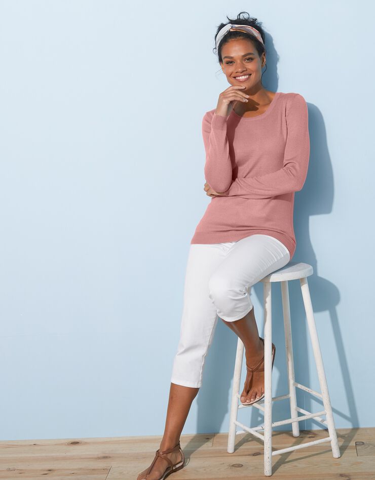 Pull col rond uni toucher cachemire (rose grisé) Pull col rond uni toucher cachemire (rose grisé)