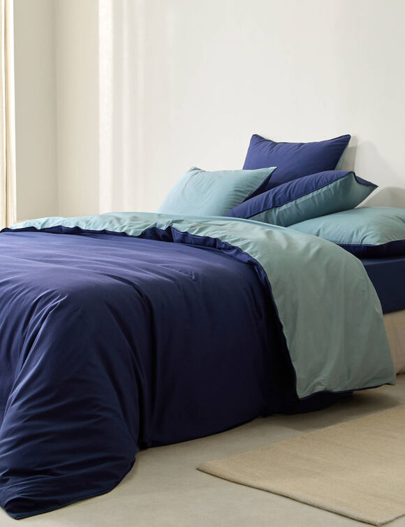 Linge de lit uni bicolore - coton 57 fils/cm&sup2; (marine / c&eacute;ladon)