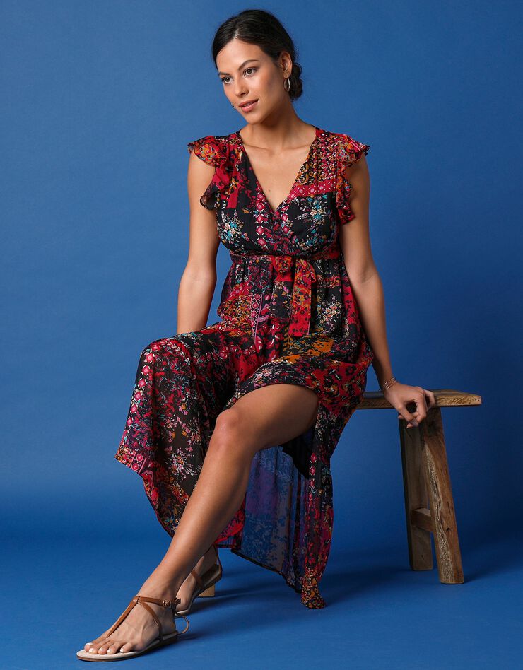 Robe longue imprimée  (noir / rose)