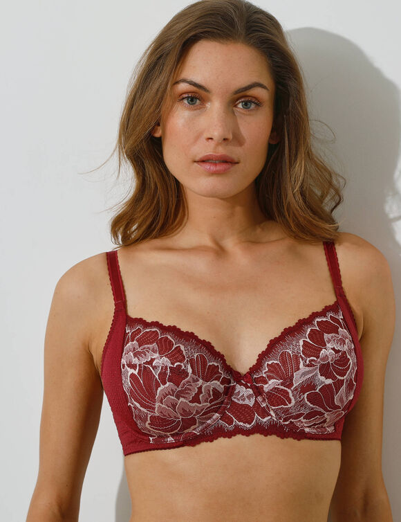 Soutien-gorge forme emboîtante dentelle florale "Capucine" - avec armatures (rouge)