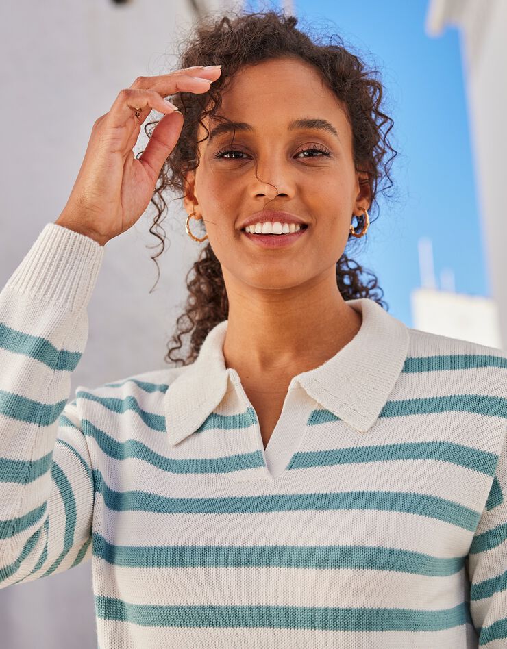 Pull col polo rayé (écru / vert)