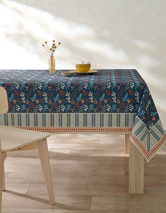 Nappe fabriquée en France, motif fleuri Indian fond bleu - coton biologique(1) (bleu grisé)
