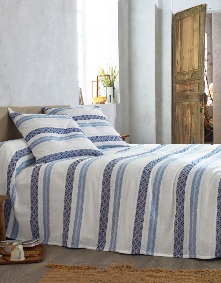 Jeté de lit coton tissé rayé (bleu) Jeté de lit coton tissé rayé (bleu)