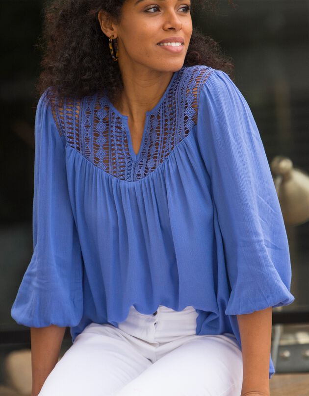 Blouse macramé manches 3/4 (bleu)