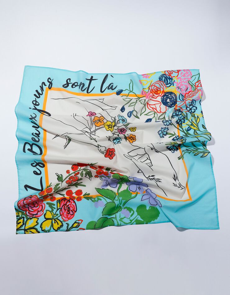 Foulard fabriqué en France imprimé fleurs, 100 x 100 cm - coton (bleu ciel) Foulard fabriqué en France imprimé fleurs, 100 x 100 cm - coton (bleu ciel)