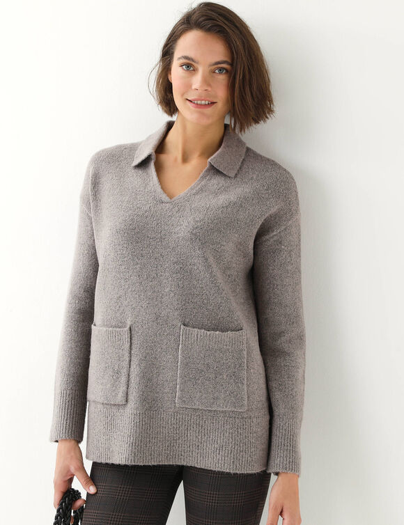 Pull tunique &agrave; col V style polo, maille moelleuse (beige chin&eacute;)