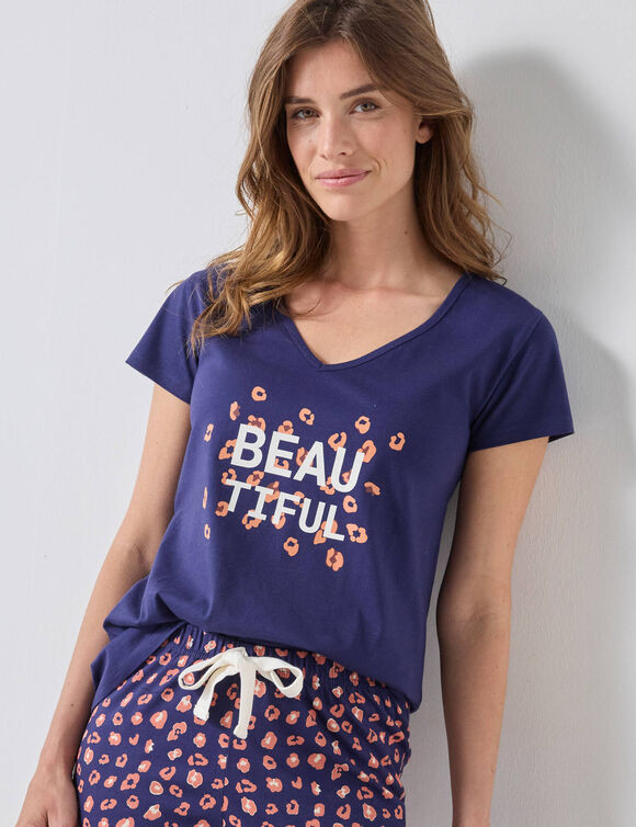 Tee-shirt manches courtes coton uni imprimé placé "Beautiful" (bleu marine)