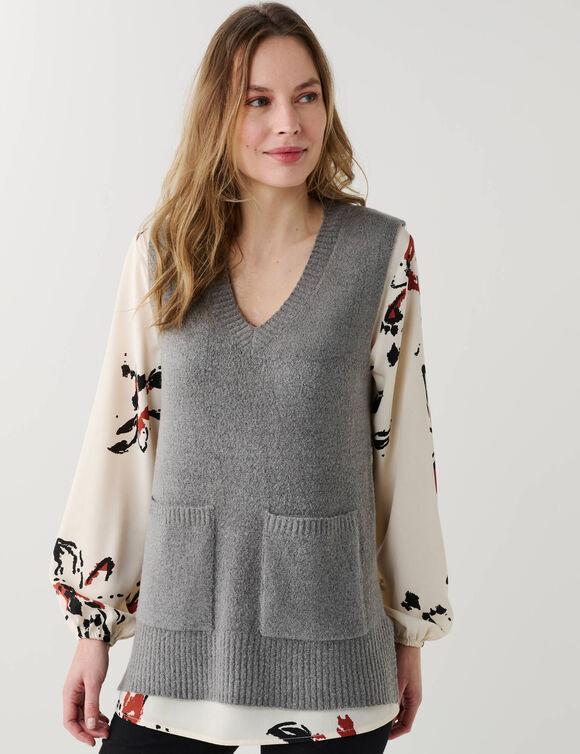 Pull tunique sans manches col V, maille moelleuse (anthracite chin&eacute;)