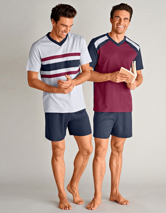 Pyjama short tricolore - lot de 2 (marine / bordeaux)