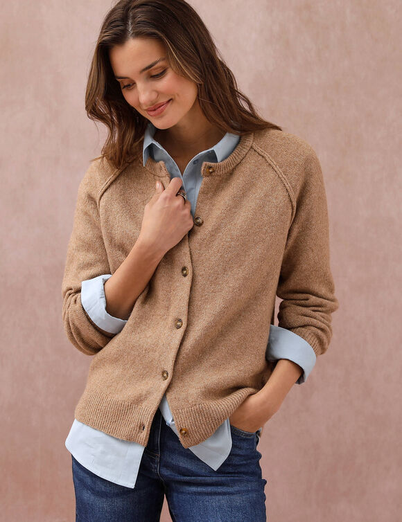 Gilet boutonn&eacute;, maille moelleuse en laine m&eacute;lang&eacute;e (beige)
