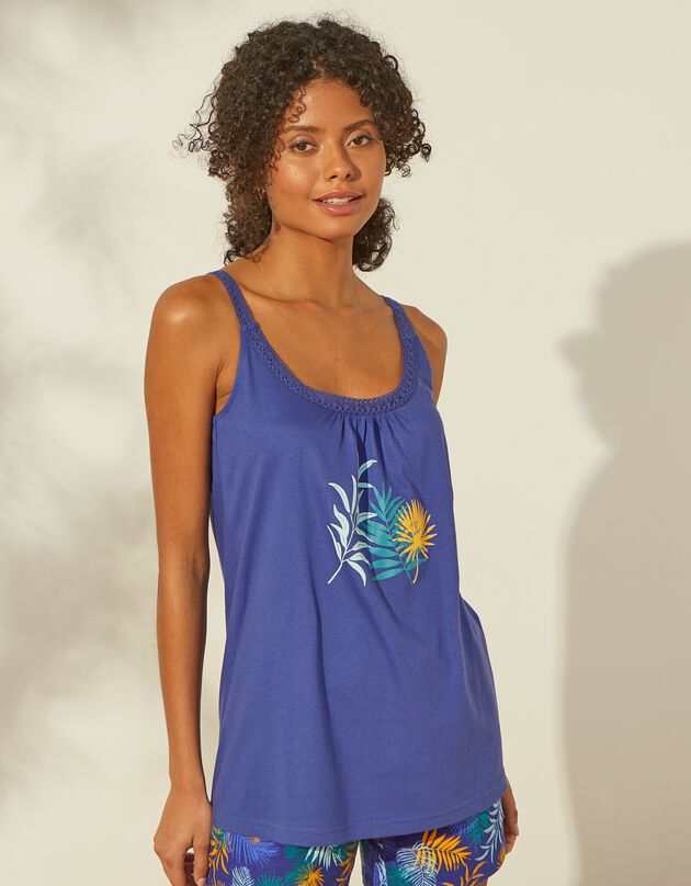 Top de pyjama en coton et macramé - uni tropical (bleu)