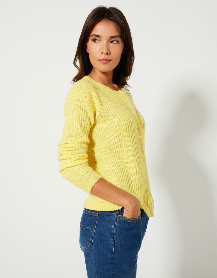 Cardigan boutons façon perles, maille anglaise (jaune) Cardigan boutons façon perles, maille anglaise (jaune)