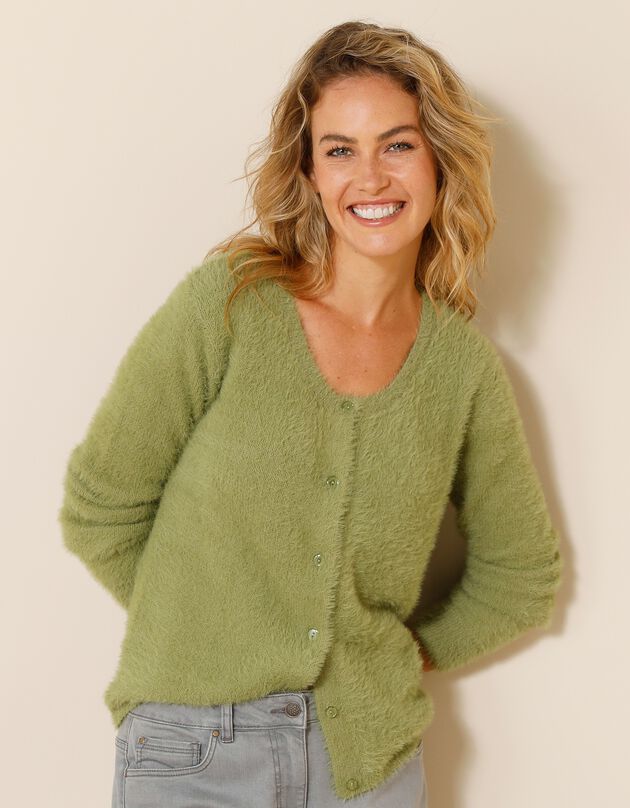 Cardigan maille poilue (vert olive)