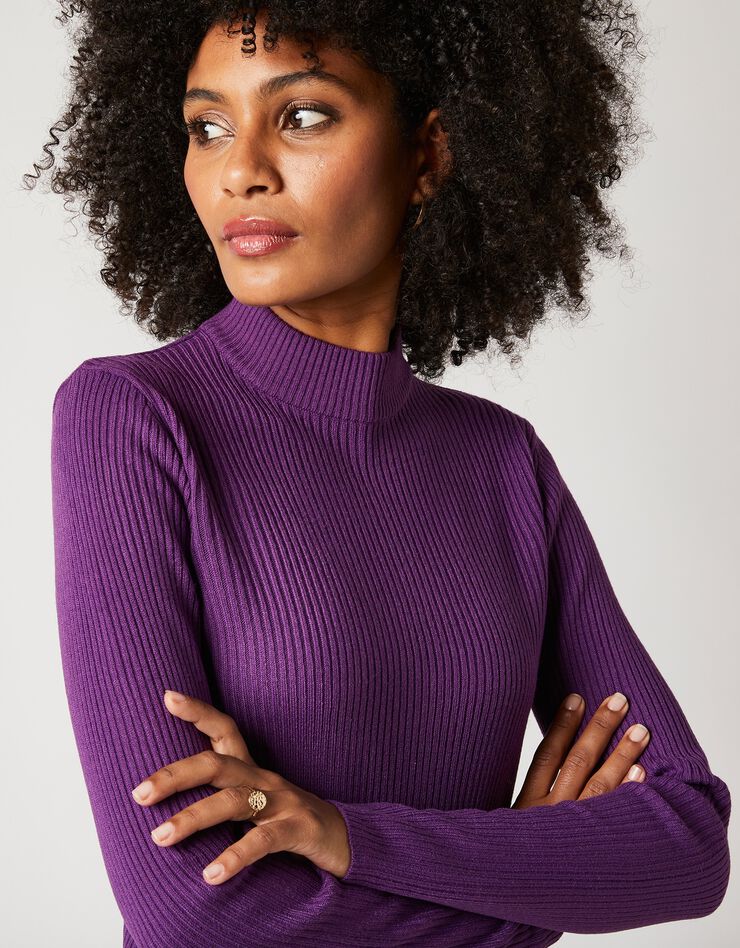 Pull col montant court, maille côtelée (violet) Pull col montant court, maille côtelée (violet)
