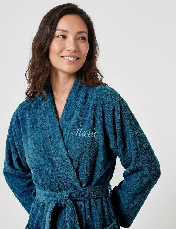Peignoir court mixte uni col kimono, &agrave; personnaliser - &eacute;ponge bouclette 380 g/m&sup2; (bleu paon)