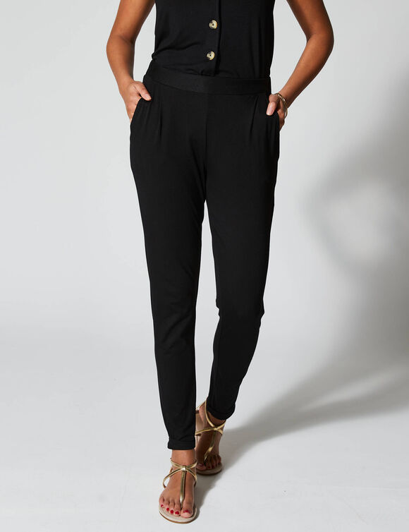 Pantalon fuselé uni, taille élastiquée (noir)