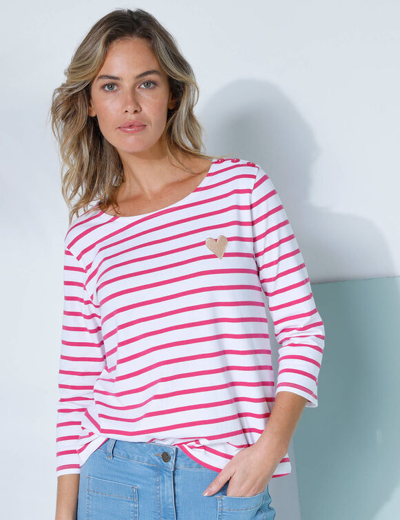 T-shirt marinière broderie coeur doré en coton biologique(**) (blanc / framboise)
