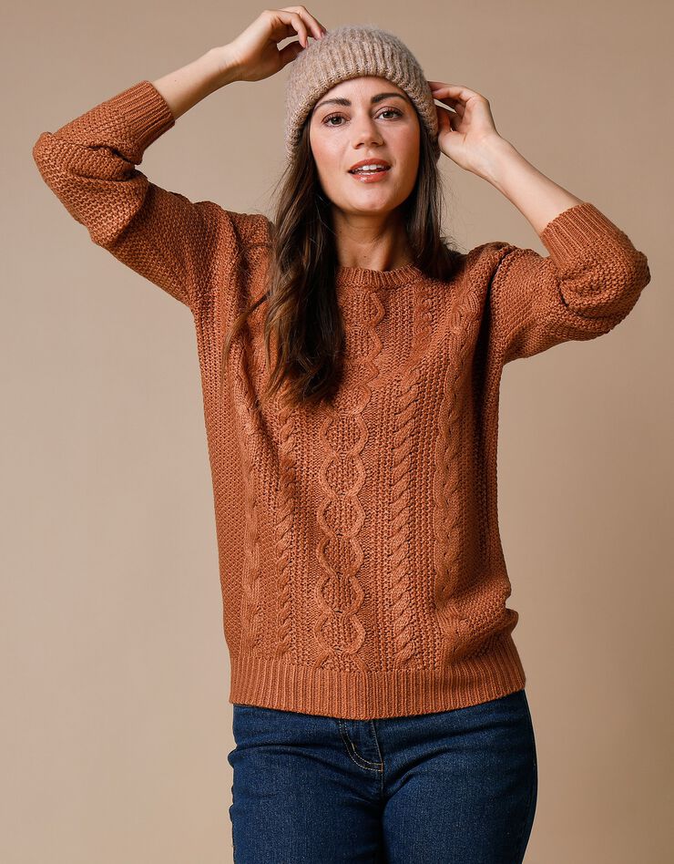 Pull col rond, maille torsadée (noisette) Pull col rond, maille torsadée (noisette)