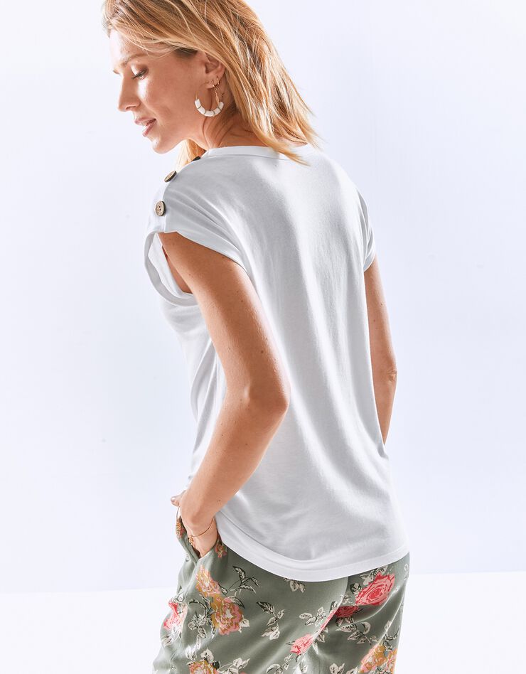 Tee-shirt uni détail boutonné maille jersey (blanc) Tee-shirt uni détail boutonné maille jersey (blanc)