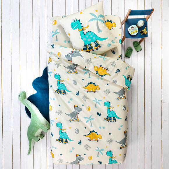 Linge de lit enfant &agrave; motifs skate Dinoroul 1 personne - coton 57 fils/cm&sup2; (blanc)