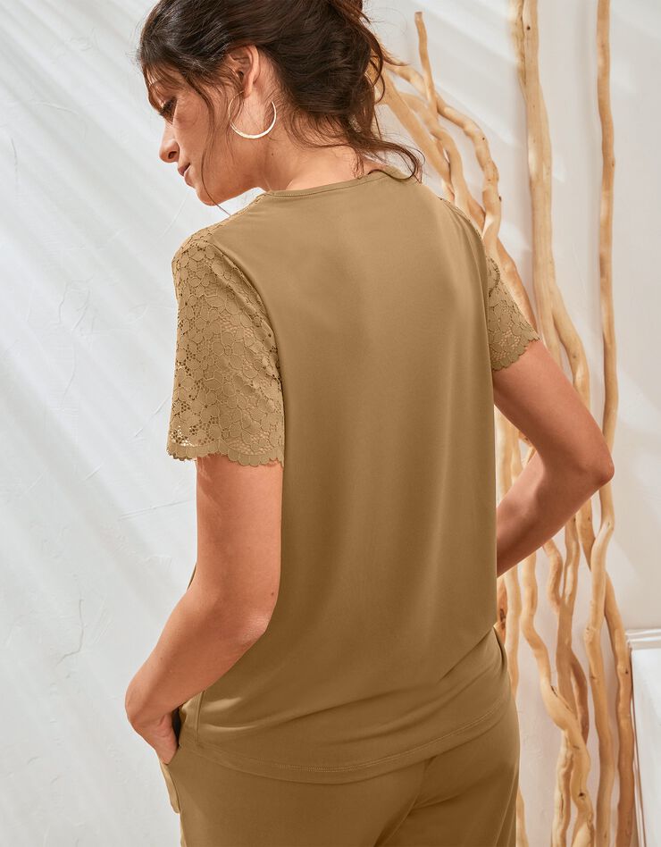 Tee-shirt dentelle col rond manches courtes uni (tabac) Tee-shirt dentelle col rond manches courtes uni (tabac)