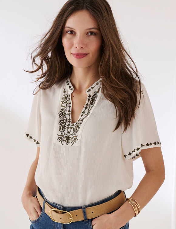 Blouse cr&eacute;pon brod&eacute; manches courtes  (&eacute;cru / kaki)