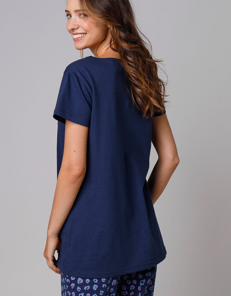Tee-shirt manches courtes coton uni imprimé placé "Beautiful" (marine) Tee-shirt manches courtes coton uni imprimé placé "Beautiful" (marine)