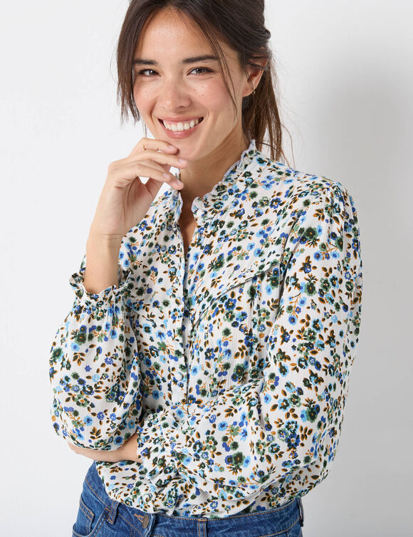 Blouse volantée imprimée, crépon (écru / bleu)