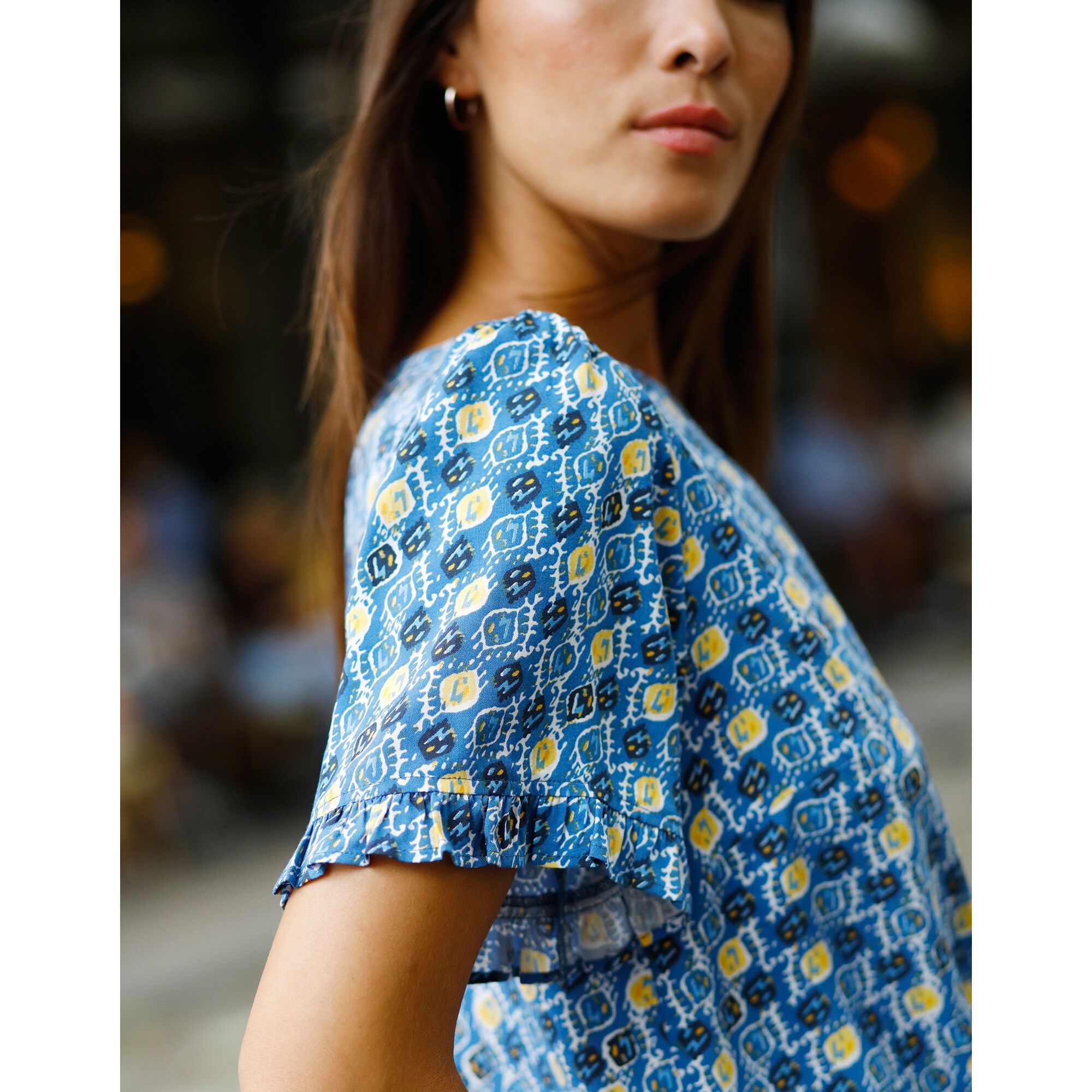 Blouse imprim e manches volant es bleu safran Blancheporte