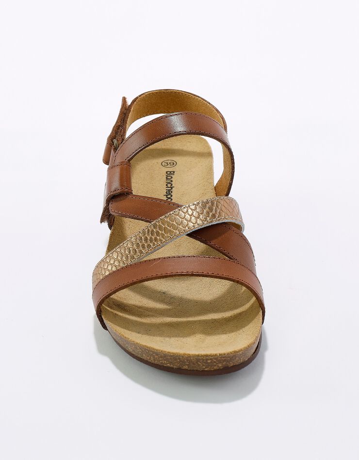 Sandales cuir scratchées compensées effet bois à semelle liège (bronze)