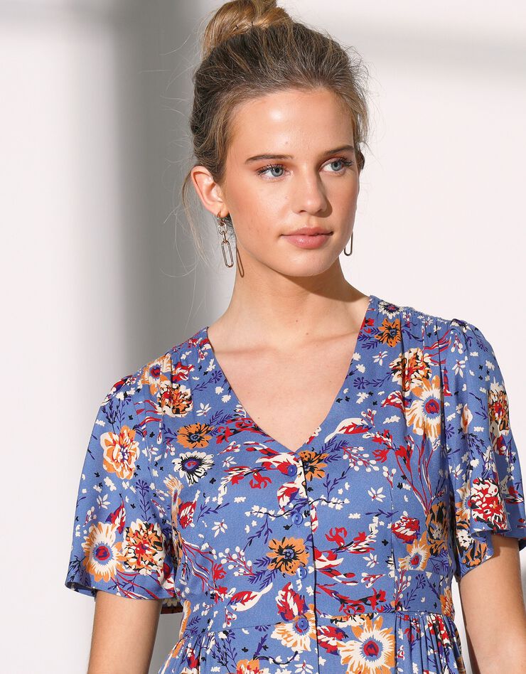 Robe boutonnée imprimée manches courtes (bleu grisé)