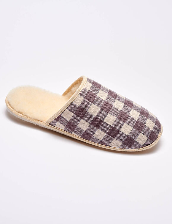 Mules silencieuses carreaux fourrées laine (taupe)