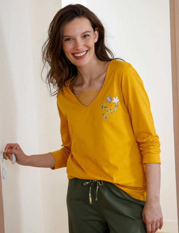 T-shirt pyjama manches longues motif floral imprim&eacute;  (miel)