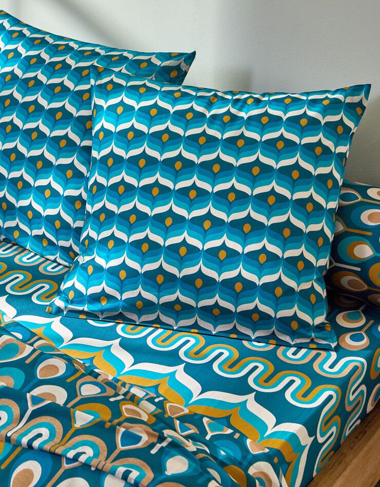 Linge de lit Irène en coton imprimé  (bleu paon)