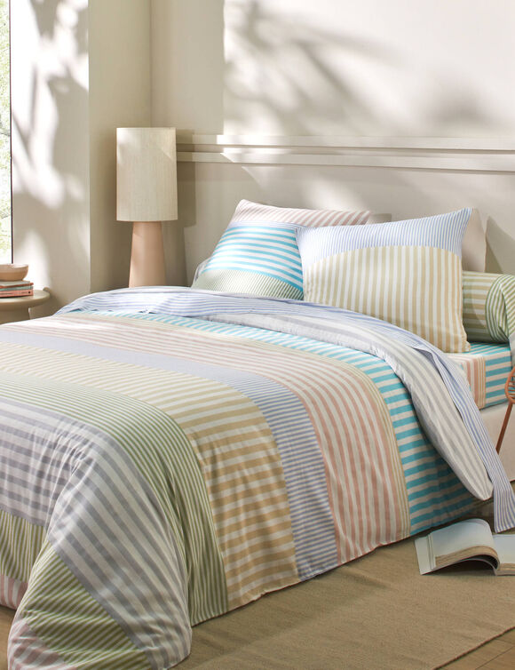Linge de lit Ada en coton imprimé rayures   (vert amande / blanc)